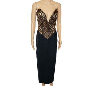 NWT Gunne Sax Black Gold Sequined Bodice V-Neck Evening Gown Size 9